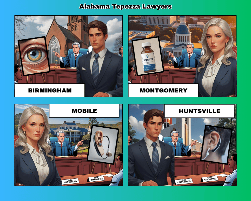 Alabama Tepezza lawyers depicted taking hearing loss lawsuits to trial in Birmingham, Montgomery, Mobile, and Huntsville