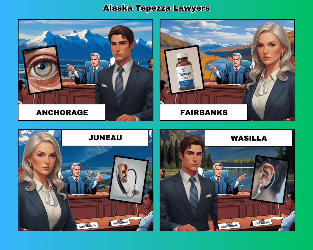 Alaska Tepezza lawyers depicted taking hearing loss lawsuits to trial in Anchorage, Fairbanks, Juneau, and Wasilla