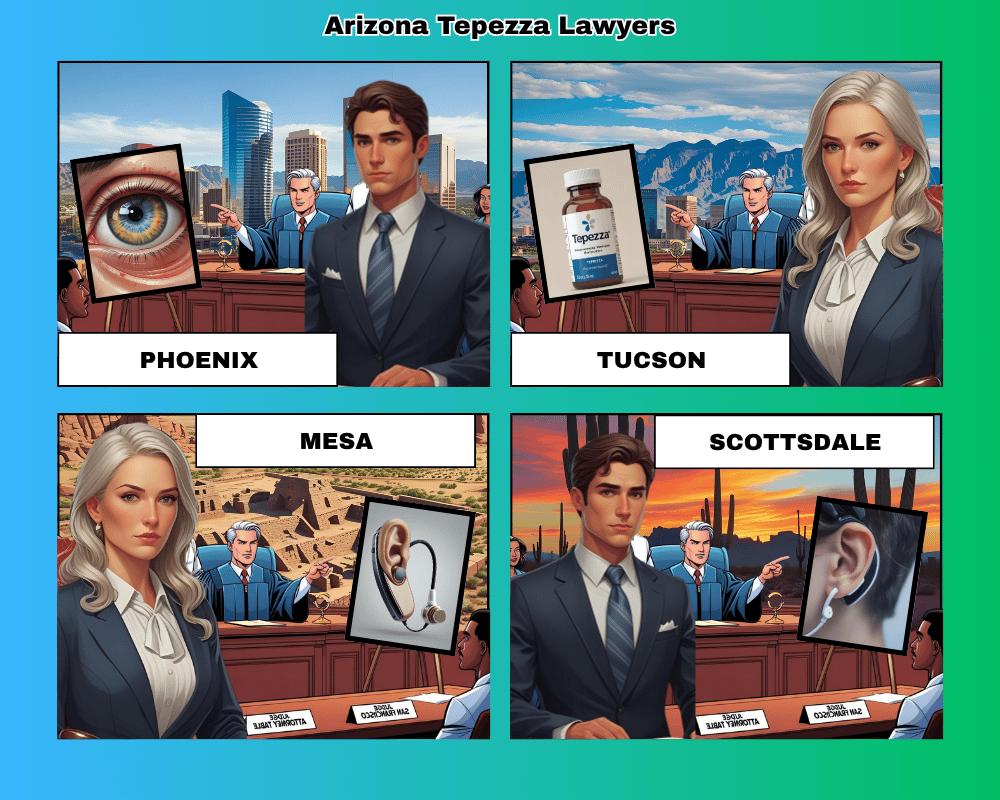 Arizona Tepezza lawyers depicted taking hearing loss lawsuits to trial in Phoenix, Tucson, Mesa, and Scottsdale