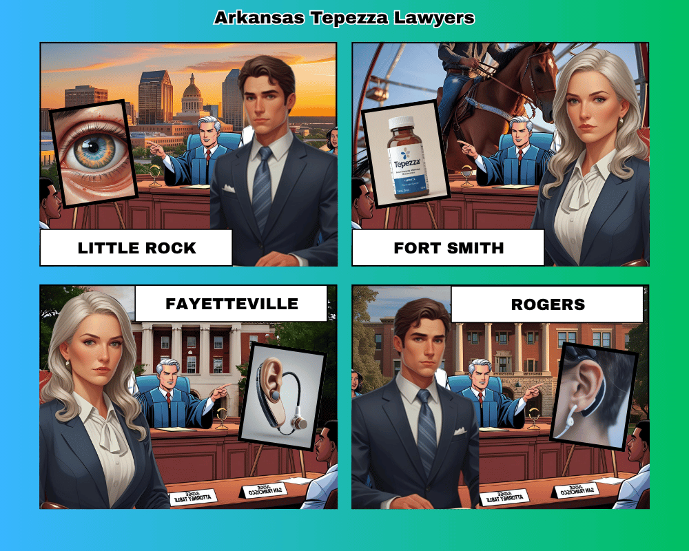 Arkansas Tepezza lawyers depicted taking hearing loss lawsuits to trial in Little Rock, Fort Smith, Fayetteville, and Rogers