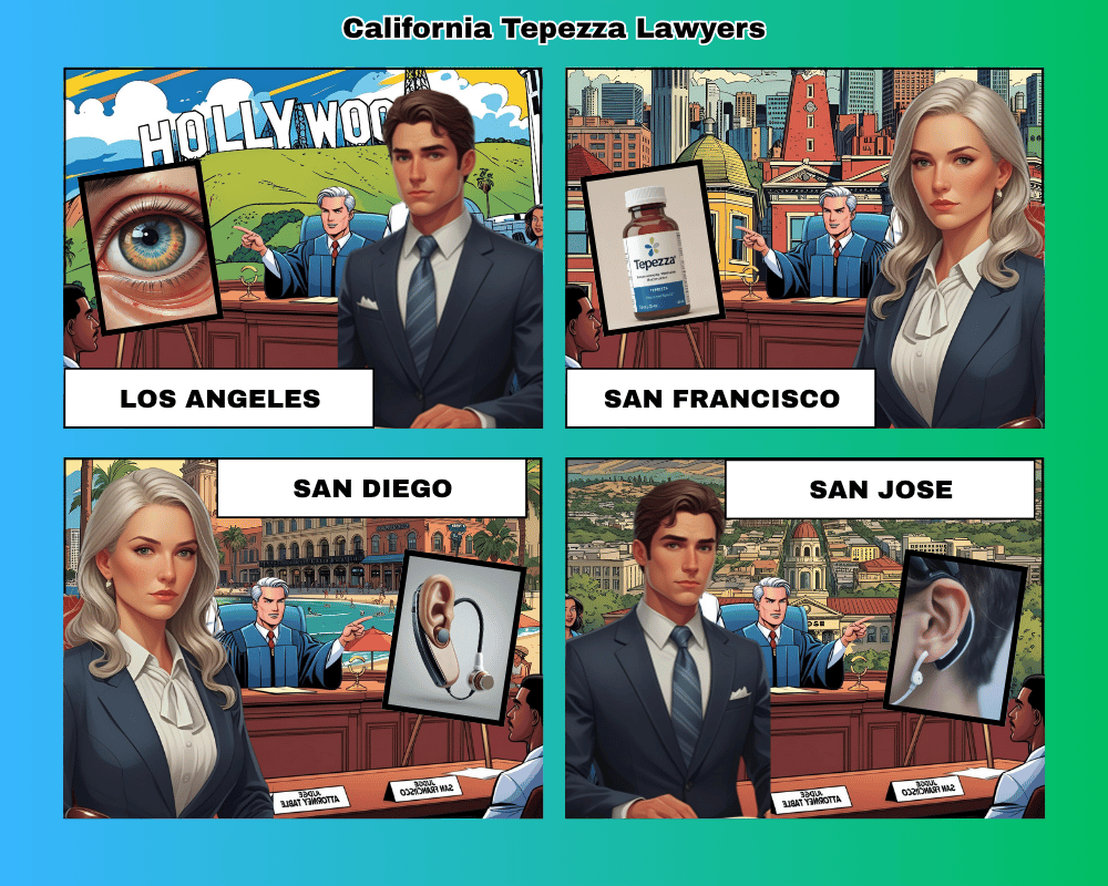 California Tepezza lawyers depicted taking hearing loss lawsuits to trial in Los Angeles, San Diego, San Jose, and San Francisco