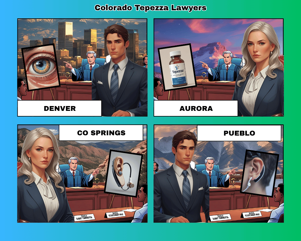 Colorado Tepezza lawyers depicted taking hearing loss lawsuits to trial in Denver, Aurora, Colorado Springs, and Pueblo