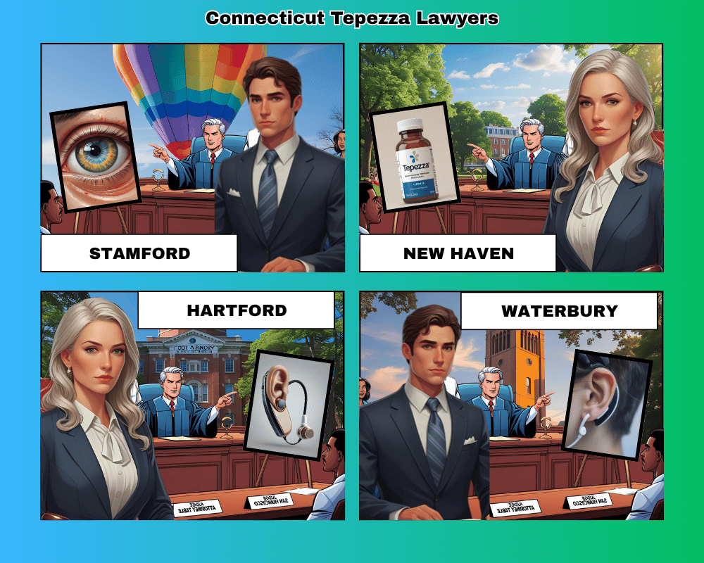 Connecticut Tepezza lawyers depicted taking hearing loss lawsuits to trial in Stamford, New Haven, Hartford, and Waterbury