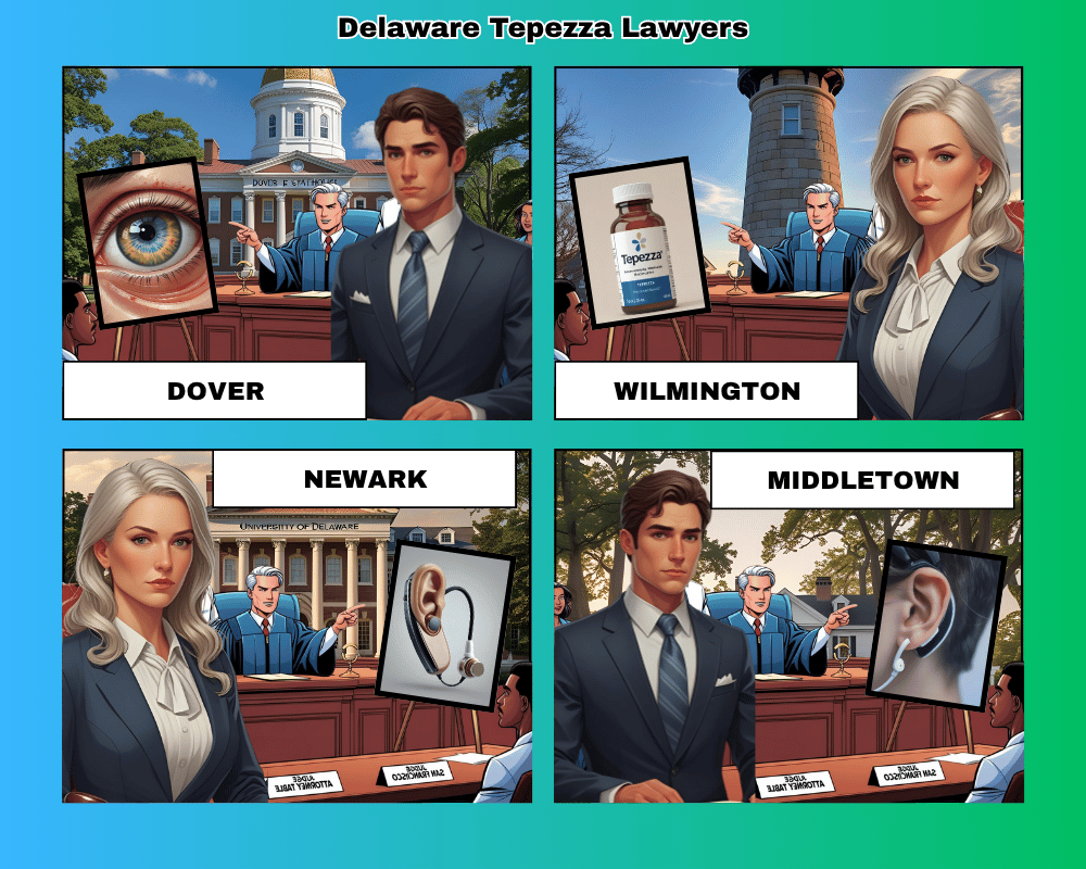 Delaware Tepezza lawyers depicted taking hearing loss lawsuits to trial in Dover, Wilmington, Newark, and Middletown