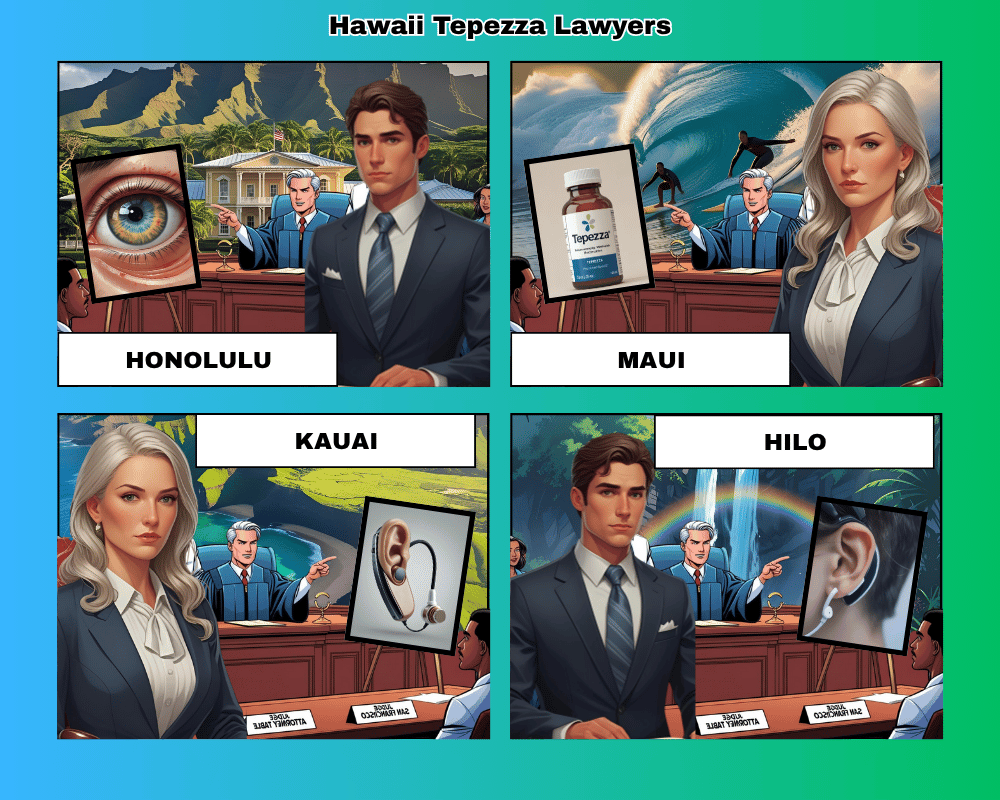 Hawaii Tepezza lawyers depicted taking hearing loss lawsuits to trial in Honolulu, Maui, Kauai, and Hilo