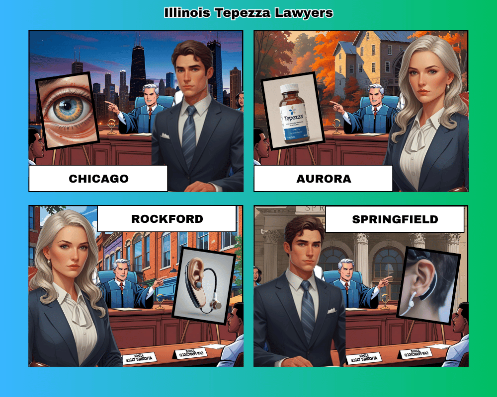 Illinois Tepezza lawyers depicted taking hearing loss lawsuits to trial in Chicago, Aurora, Rockford, and Springfield