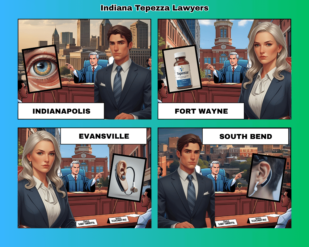 Indiana Tepezza lawyers depicted taking hearing loss lawsuits to trial in Indianapolis, Fort Wayne, Evansville, and South Bend