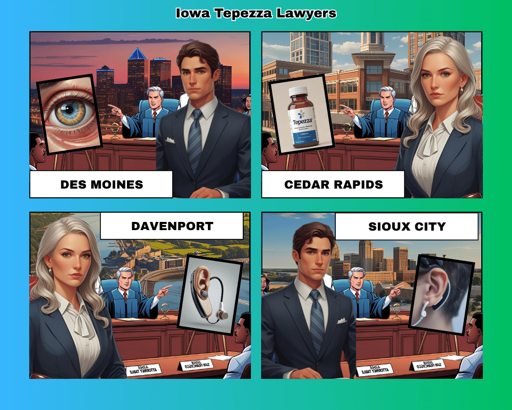 Iowa Tepezza lawyers depicted taking hearing loss lawsuits to trial in Des Moines, Cedar Rapids, Davenport, and Sioux City