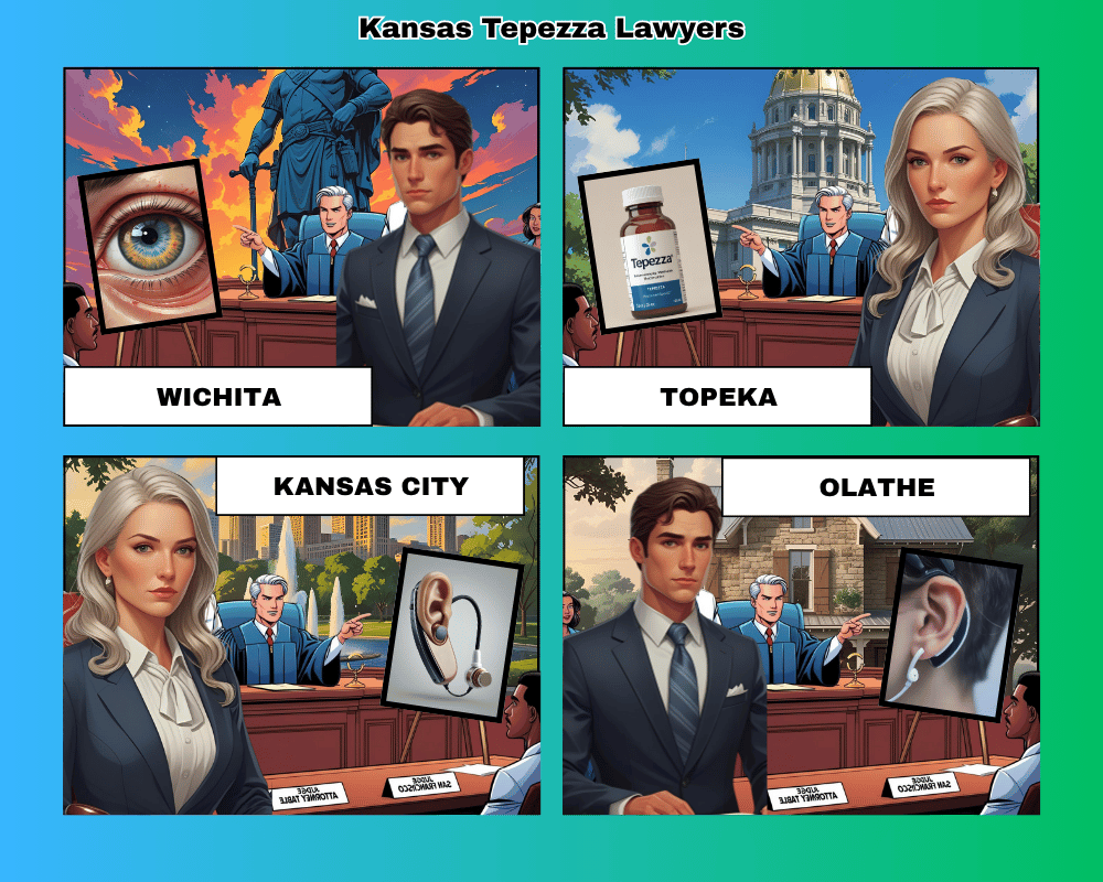 Kansas Tepezza lawyers depicted taking hearing loss lawsuits to trial in Wichita, Topeka, Kansas City, and Olathe