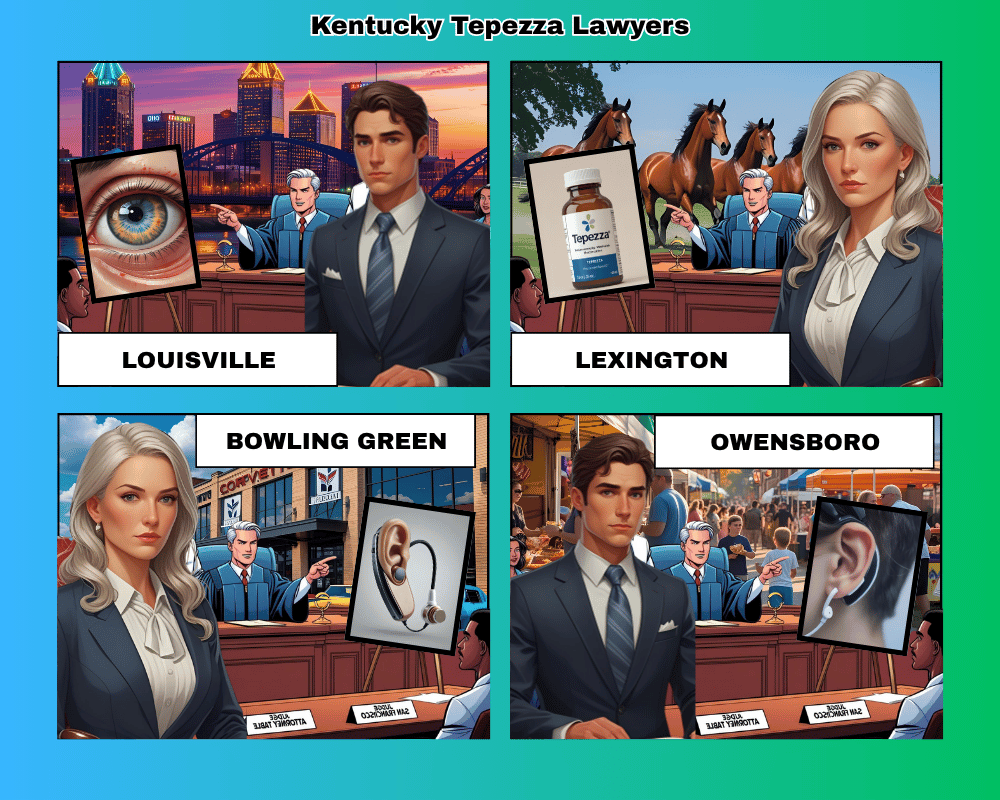 Kentucky Tepezza lawyers depicted taking hearing loss lawsuits to trial in Louisville, Lexington, Bowling Green, and Owensboro