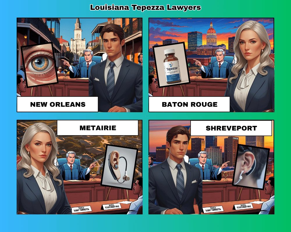 Louisiana Tepezza lawyers depicted taking hearing loss lawsuits to trial in New Orleans, Baton Rouge, Metairie, and Shreveport
