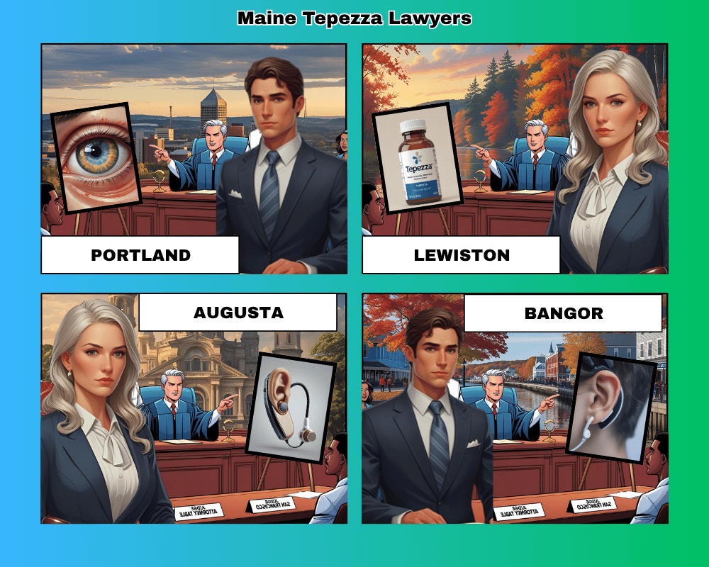 Maine Tepezza lawyers depicted taking hearing loss lawsuits to trial in Portland, Lewiston, Augusta, and Bangor