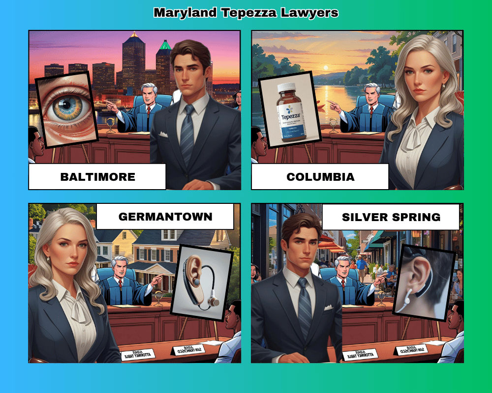 Maryland Tepezza lawyers depicted taking hearing loss lawsuits to trial in Baltimore, Columbia, Germantown, and Silver Spring