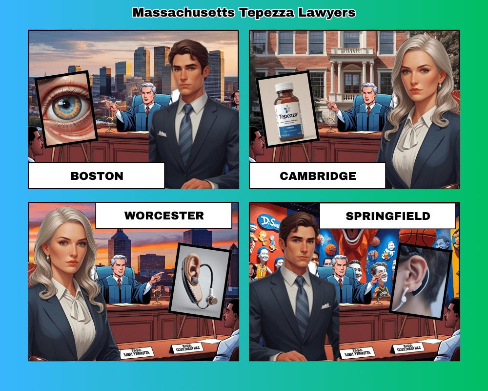 Massachusetts Tepezza lawyers depicted taking hearing loss lawsuits to trial in Boston, Cambridge, Worcester, and Springfield