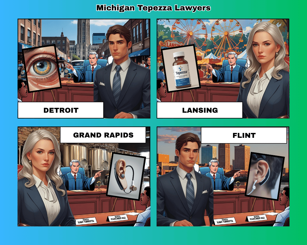 Michigan Tepezza lawyers depicted taking hearing loss lawsuits to trial in Detroit, Lansing, Grand Rapids, and Flint