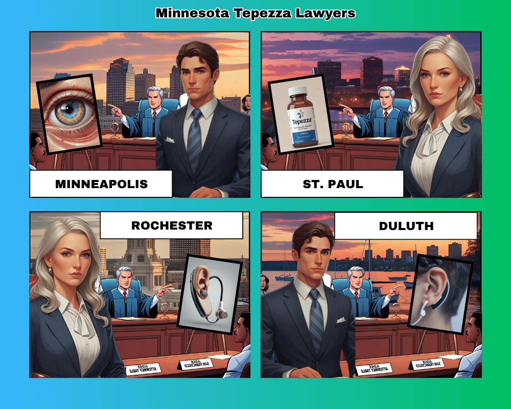 Minnesota Tepezza lawyers depicted taking hearing loss lawsuits to trial in Minneapolis, St Paul, Rochester, and Duluth