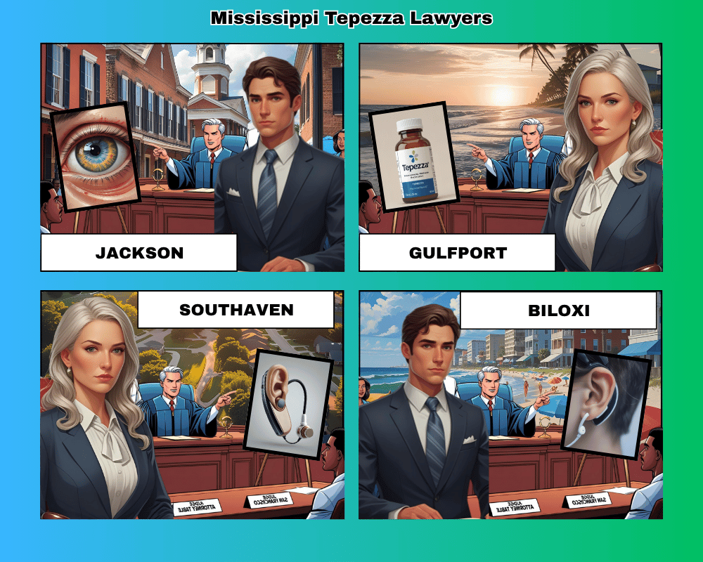 Mississippi Tepezza lawyers depicted taking hearing loss lawsuits to trial in Jackson, Gulfport, Southaven, and Biloxi
