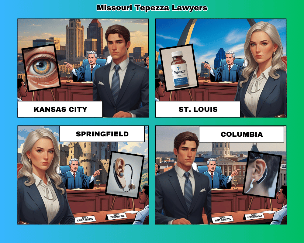 Missouri Tepezza lawyers depicted taking hearing loss lawsuits to trial in Kansas City, St Louis, Springfield, and Columbia