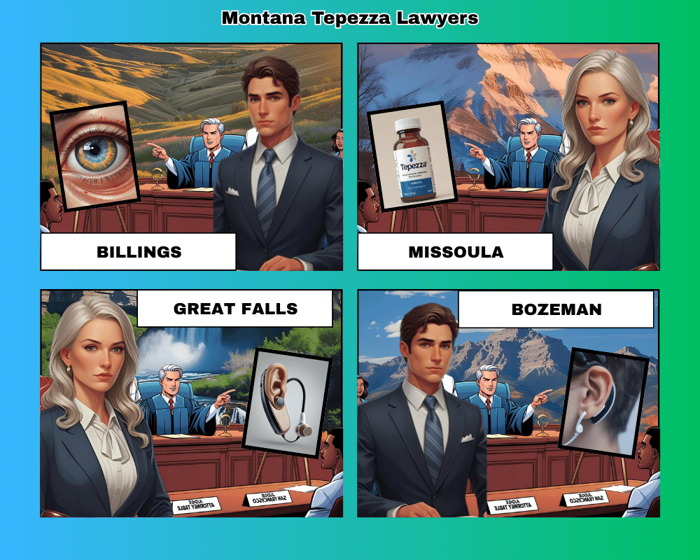 Montana Tepezza lawyers depicted taking hearing loss lawsuits to trial in Billings, Missoula, Great Falls, and Bozeman