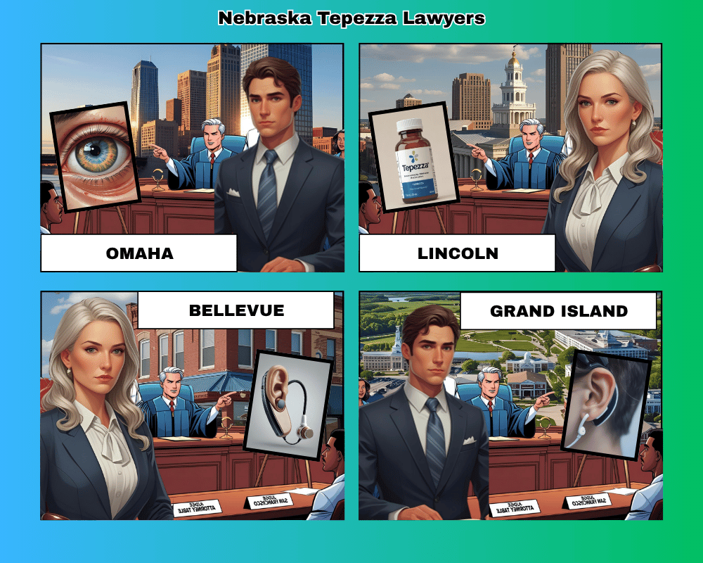 Nebraska Tepezza lawyers depicted taking hearing loss lawsuits to trial in Omaha, Lincoln, Bellevue, and Grand Island