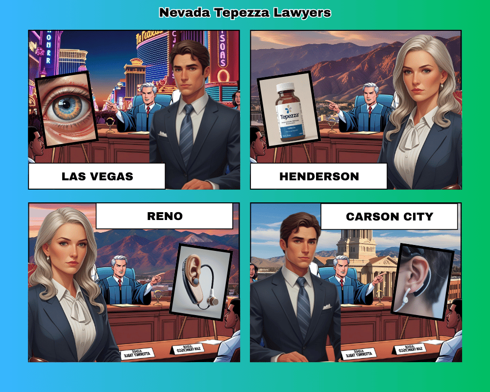Nevada Tepezza lawyers depicted taking hearing loss lawsuits to trial in Las Vegas, Henderson, Reno, and Carson City