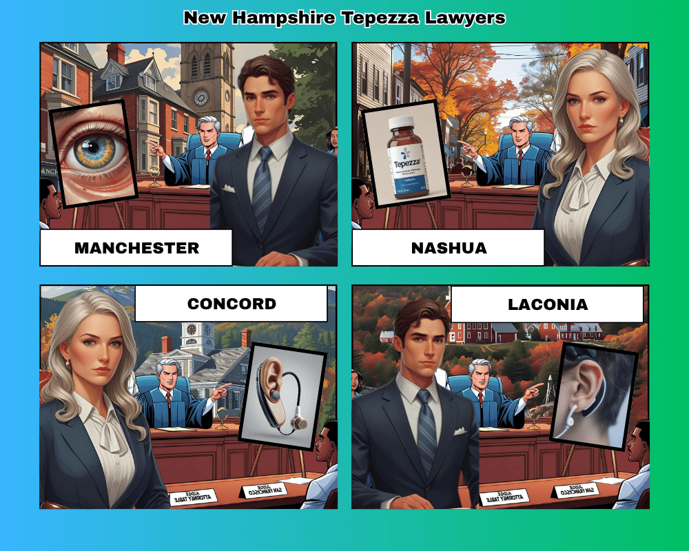New Hampshire Tepezza lawyers depicted taking hearing loss lawsuits to trial in Manchester, Nashua, Concord, and Laconia