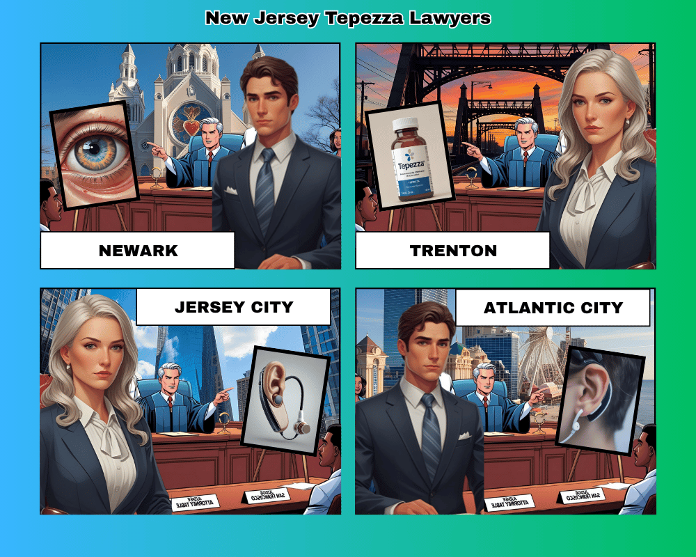 New Jersey Tepezza lawyers depicted taking hearing loss lawsuits to trial in Newark, Trenton, Jersey City, and Atlantic City