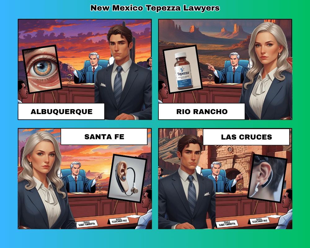 New Mexico Tepezza lawyers depicted taking hearing loss lawsuits to trial in Albuquerque, Rio Rancho, Santa Fe, and Las Cruces