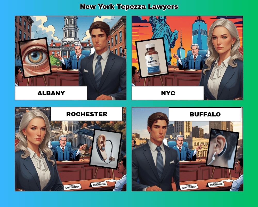 New York Tepezza lawyers depicted taking hearing loss lawsuits to trial in NYC, Albany, Rochester, Buffalo, and Syracuse