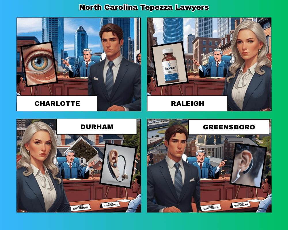 North Carolina Tepezza lawyers depicted taking hearing loss lawsuits to trial in Charlotte, Raleigh, Durham, and Greensboro