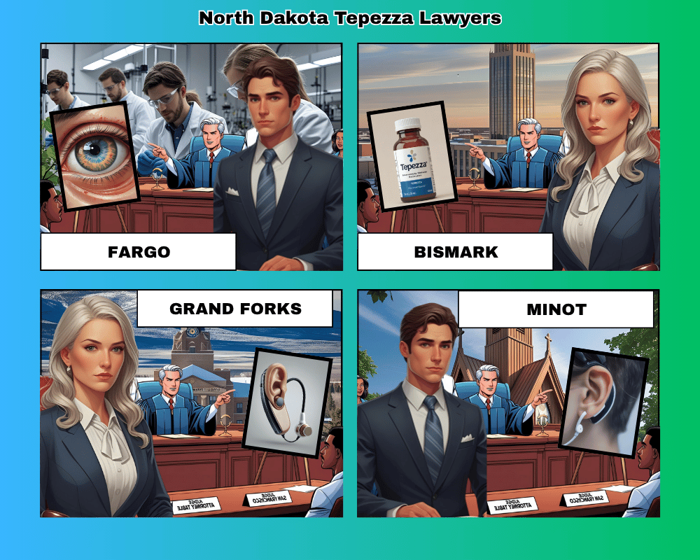North Dakota Tepezza lawyers depicted taking hearing loss lawsuits to trial in Fargo, Bismark, Grand Forks, and Minot
