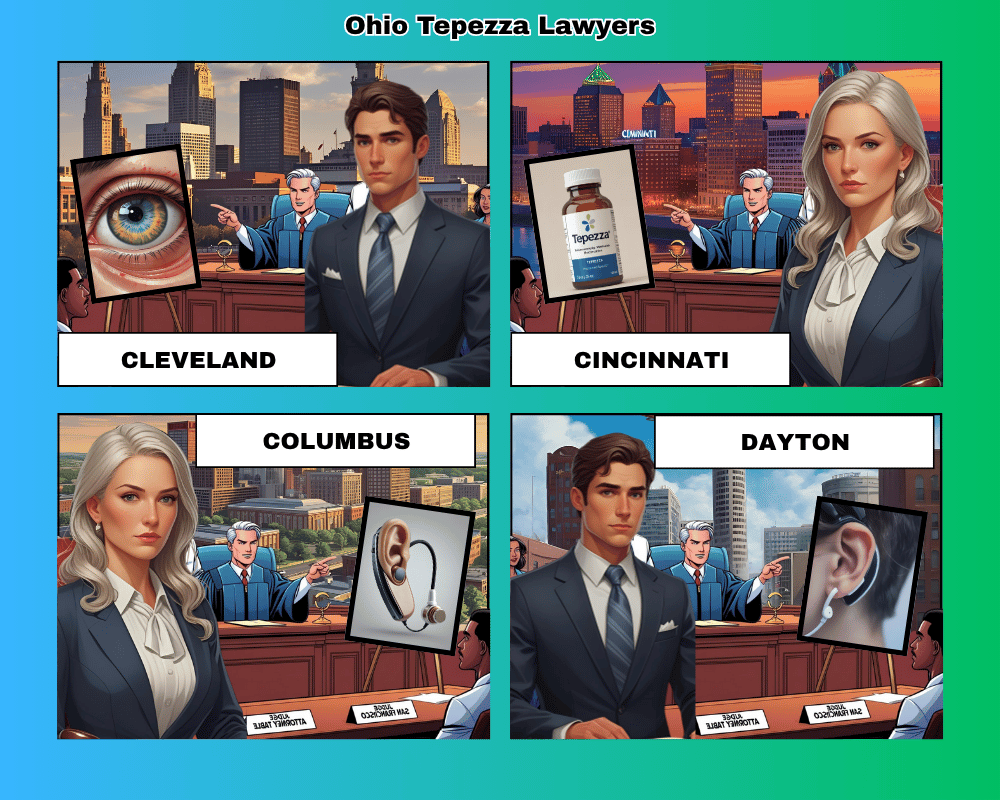 Ohio Tepezza lawyers depicted taking hearing loss lawsuits to trial in Cleveland, Cincinnati, Columbus, and Toledo