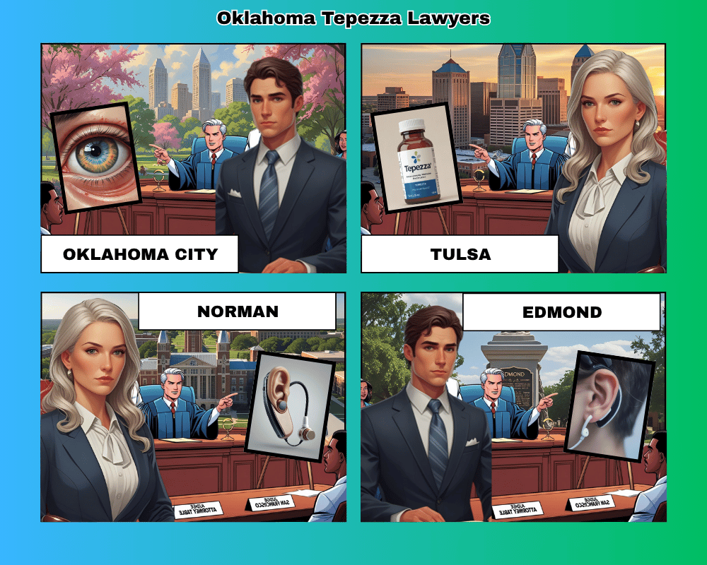 Oklahoma Tepezza lawyers depicted taking hearing loss lawsuits to trial in Oklahoma City, Tulsa, Norman, and Edmond