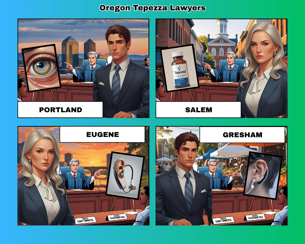 Oregon Tepezza lawyers depicted taking hearing loss lawsuits to trial in Portland, Salem, Eugene, and Gresham
