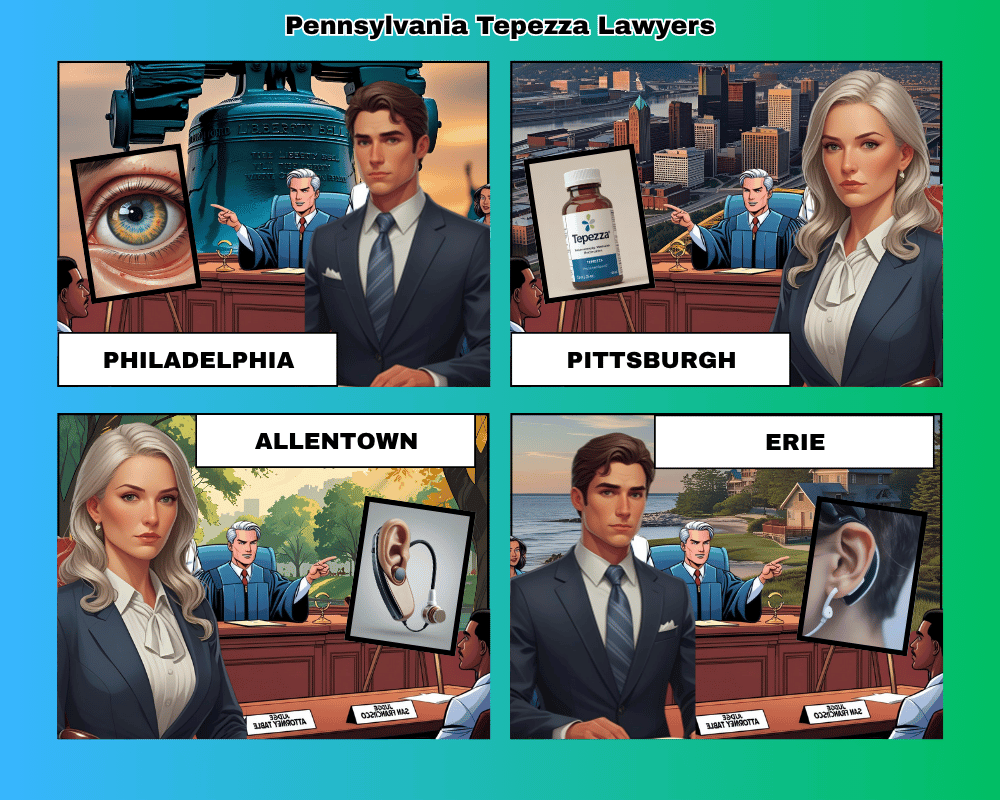 Pennsylvania Tepezza lawyers depicted taking hearing loss lawsuits to trial in Philadelphia, Pittsburgh, Allentown, and Erie