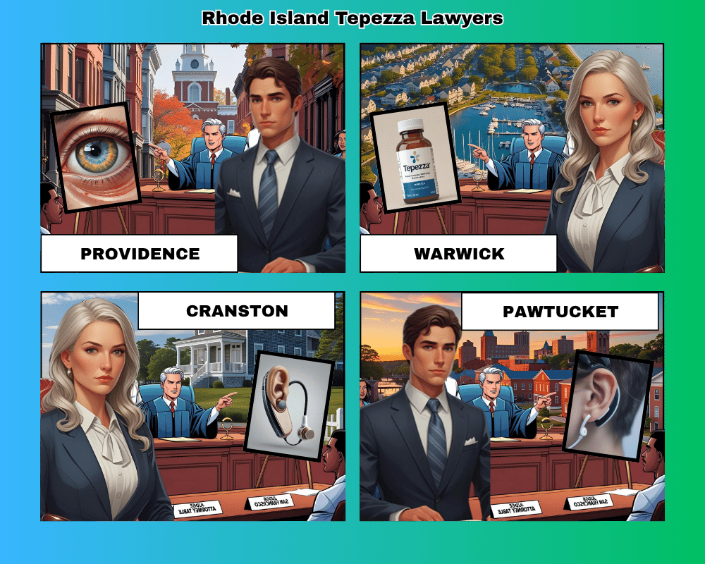 Rhode Island Tepezza lawyers depicted taking hearing loss lawsuits to trial in Providence, Warwick, Cranston, and Pawtucket