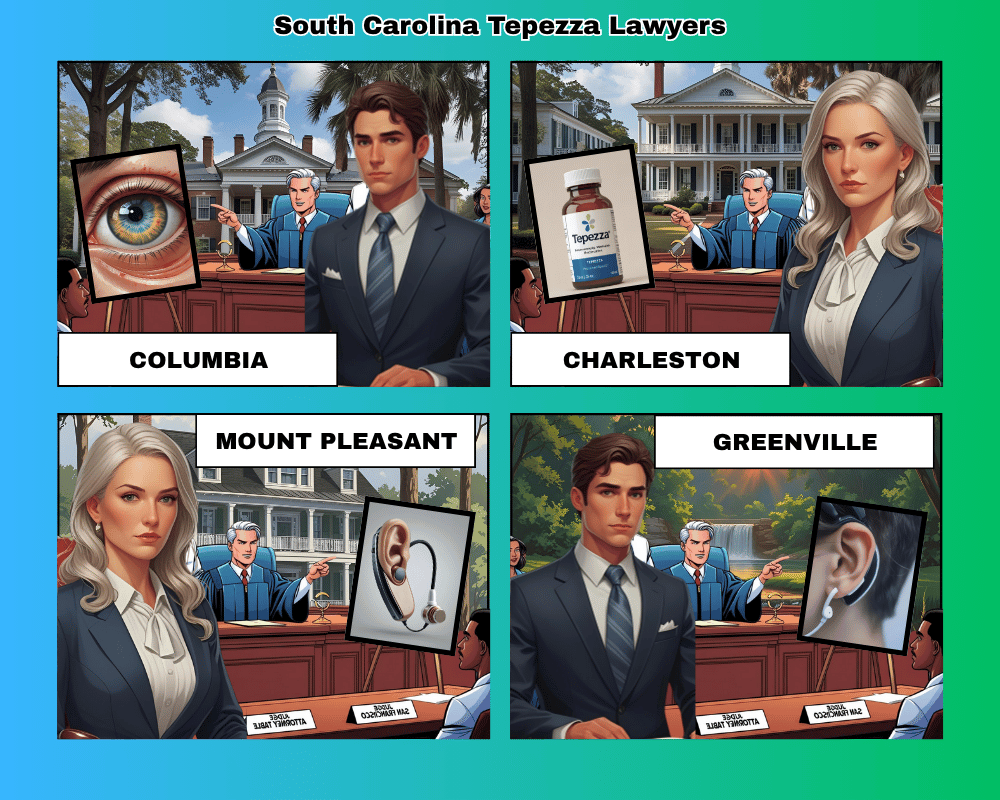 South Carolina Tepezza lawyers depicted taking hearing loss lawsuits to trial in Columbia, Charleston, Mount Pleasant, and Greenville