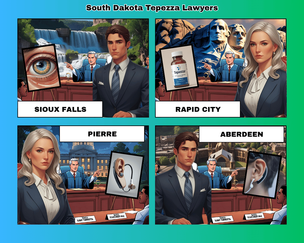 South Dakota Tepezza lawyers depicted taking hearing loss lawsuits to trial in Sioux Falls, Rapid City, Pierre, and Aberdeen