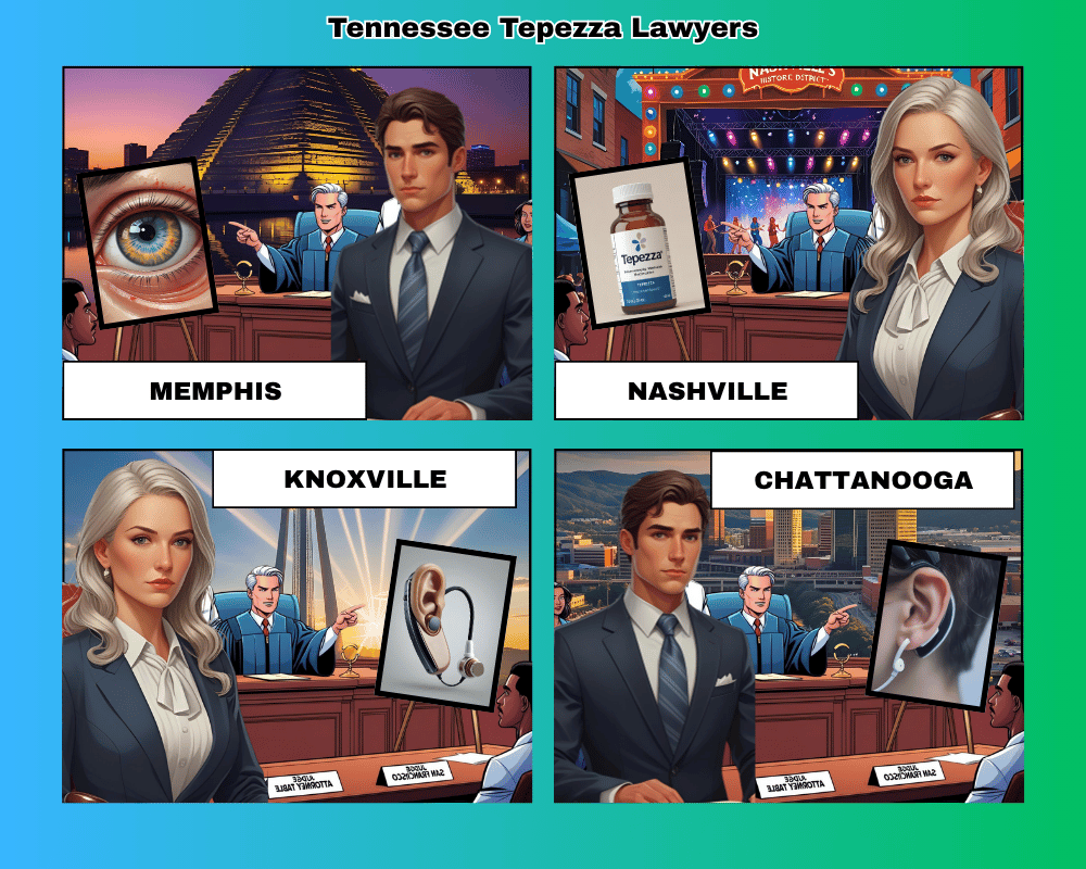 Tennessee Tepezza lawyers depicted taking hearing loss lawsuits to trial in Memphis, Nashville, Knoxville, and Chattanooga