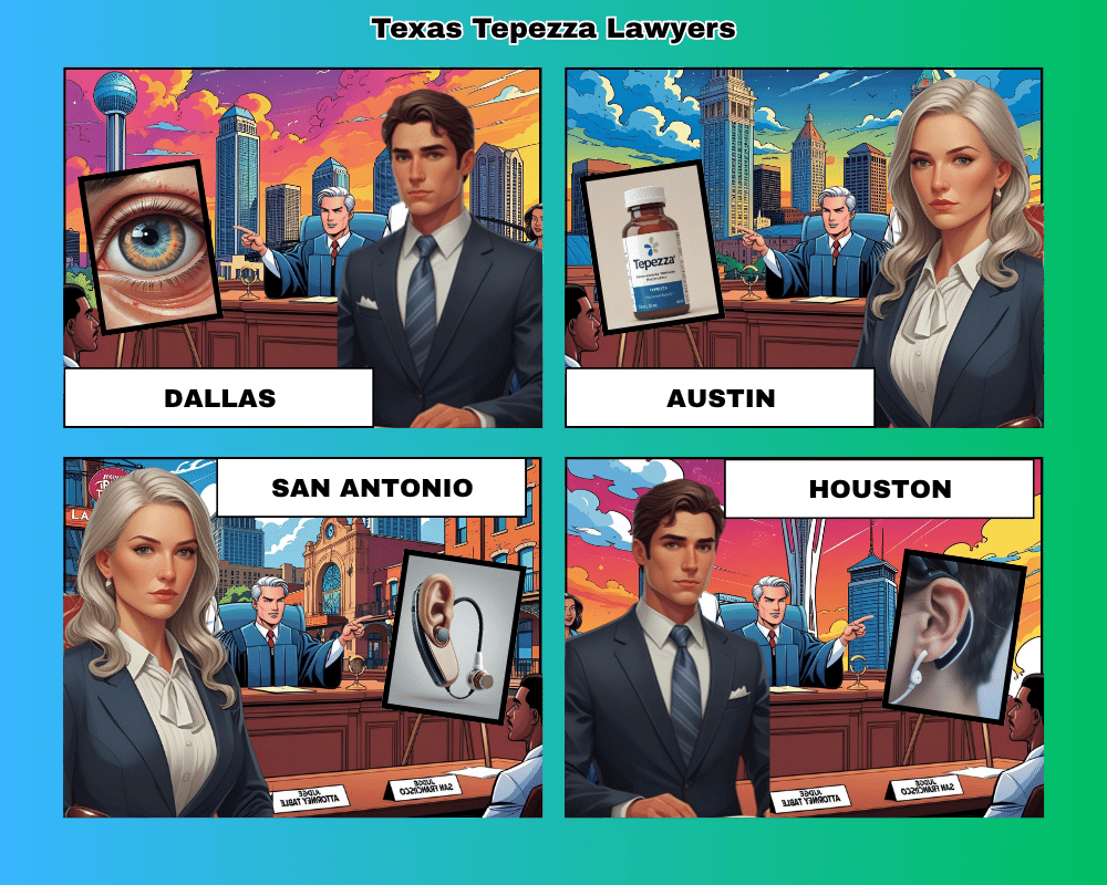 Texas Tepezza lawyers depicted taking hearing loss lawsuits to trial in Dallas, Huston, Austin, and San Antonio