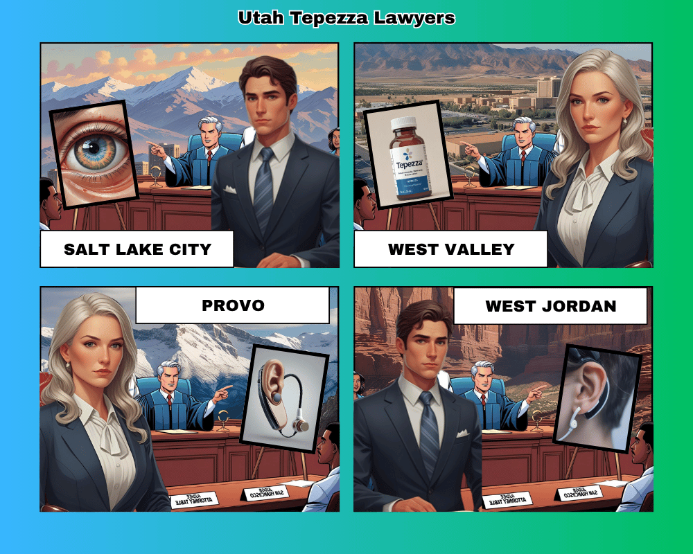 Utah Tepezza lawyers depicted taking hearing loss lawsuits to trial in Salt Lake City, West Valley City, Provo, and West Jordan