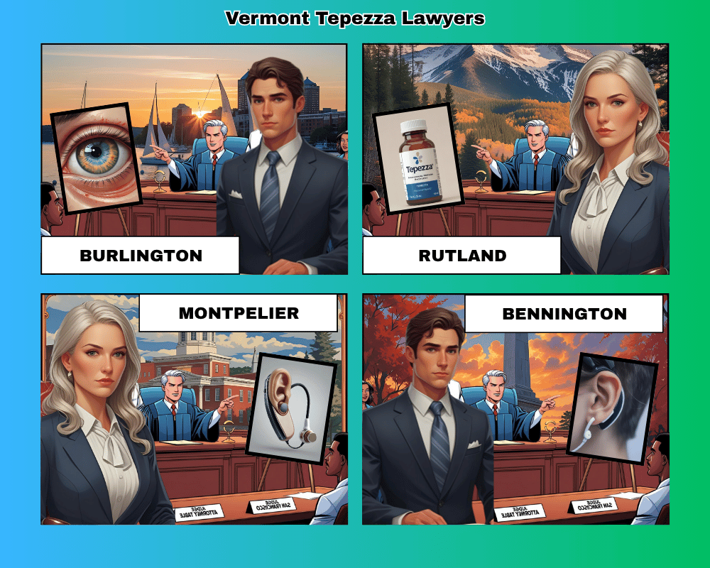 Vermont Tepezza lawyers depicted taking hearing loss lawsuits to trial in Burlington, Rutland, Montpelier, and Bennington