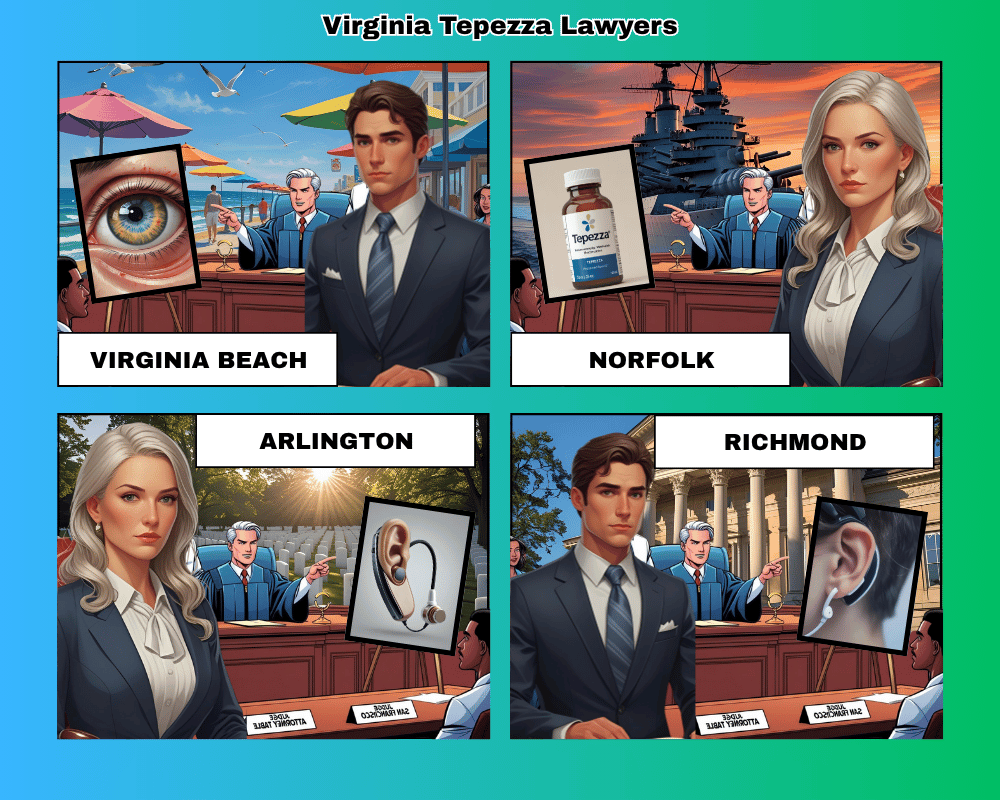 Virginia Tepezza lawyers depicted taking hearing loss lawsuits to trial in VA Beach, Norfolk, Chesapeake, and Arlington