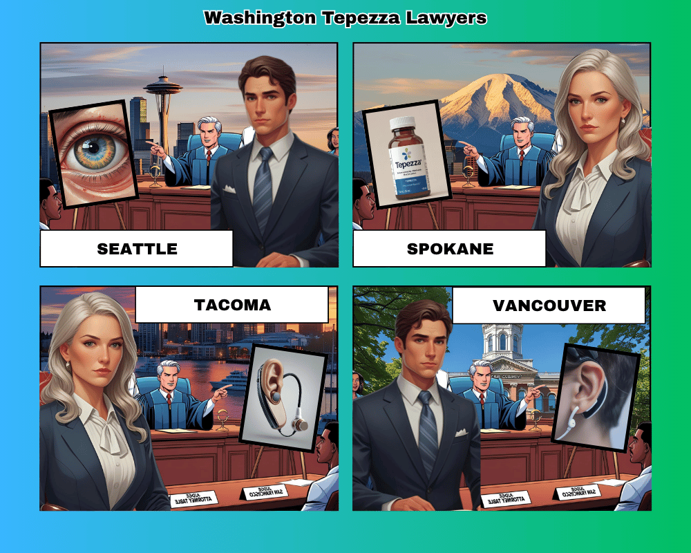 Washington Tepezza lawyers depicted taking hearing loss lawsuits to trial in Seattle, Spokane, Tacoma, and Vancouver