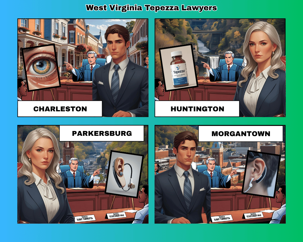 West Virginia Tepezza lawyers depicted taking hearing loss lawsuits to trial in Charleston, Huntington, Parkersburg, and Morgantown