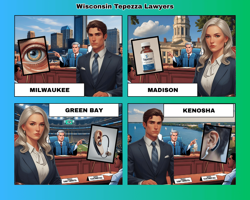 Wisconsin Tepezza lawyers depicted taking hearing loss lawsuits to trial in Milwaukee, Madison, Green Bay, and Kenosha