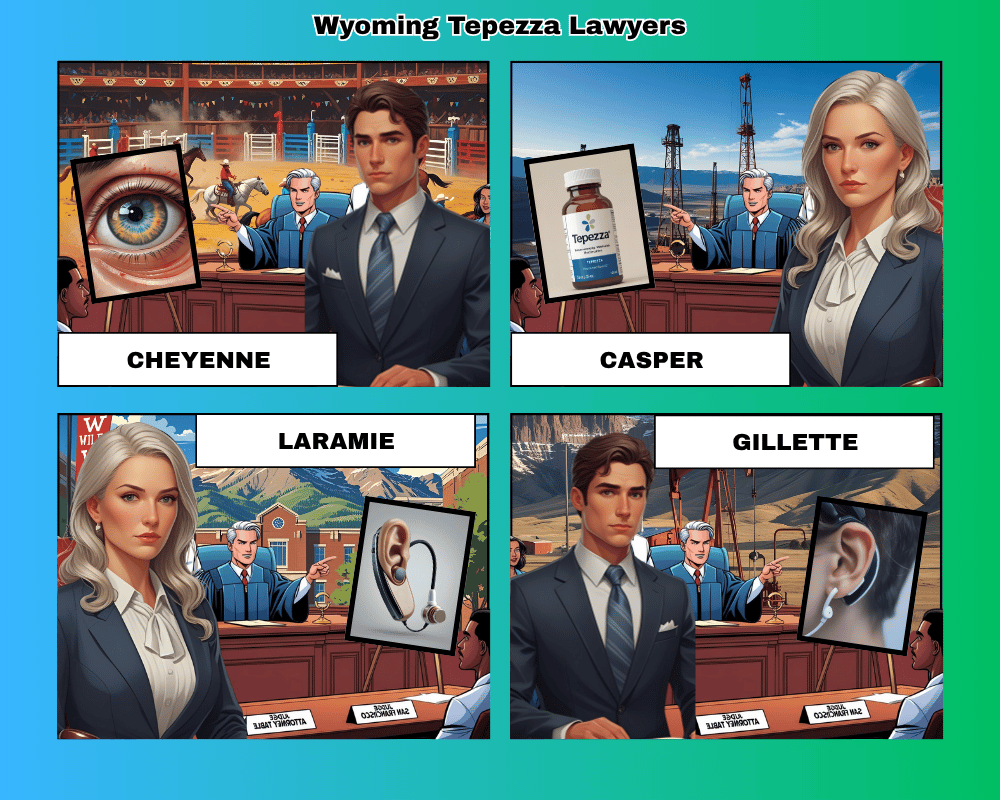 Wyoming Tepezza lawyers depicted taking hearing loss lawsuits to trial in Cheyenne, Casper, Laramie, and Gillette